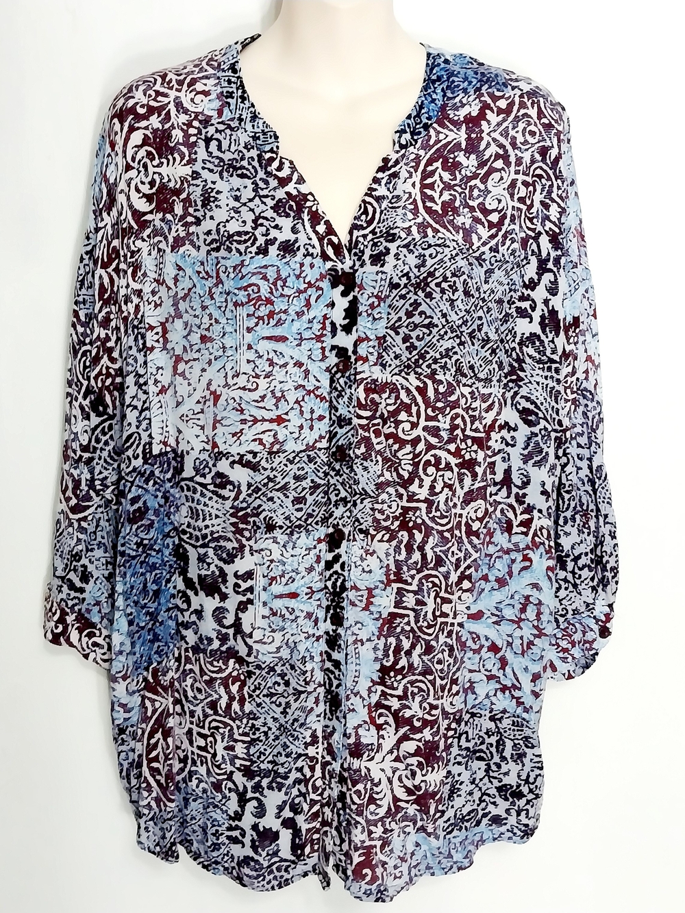 🔵BOGO FREE🔵Catherines Top Button Down 3/4 Sleeves Rayon  Sz 0X 14/16W